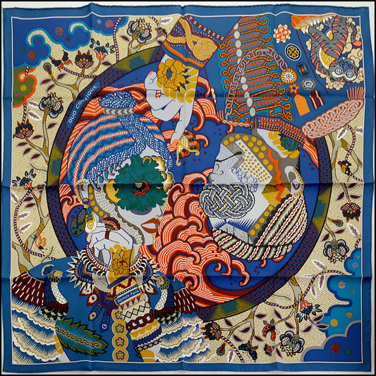 RDC14896 HERMES Bleu Moyen/Multi "Duo Cosmique" 90 Silk Scarf