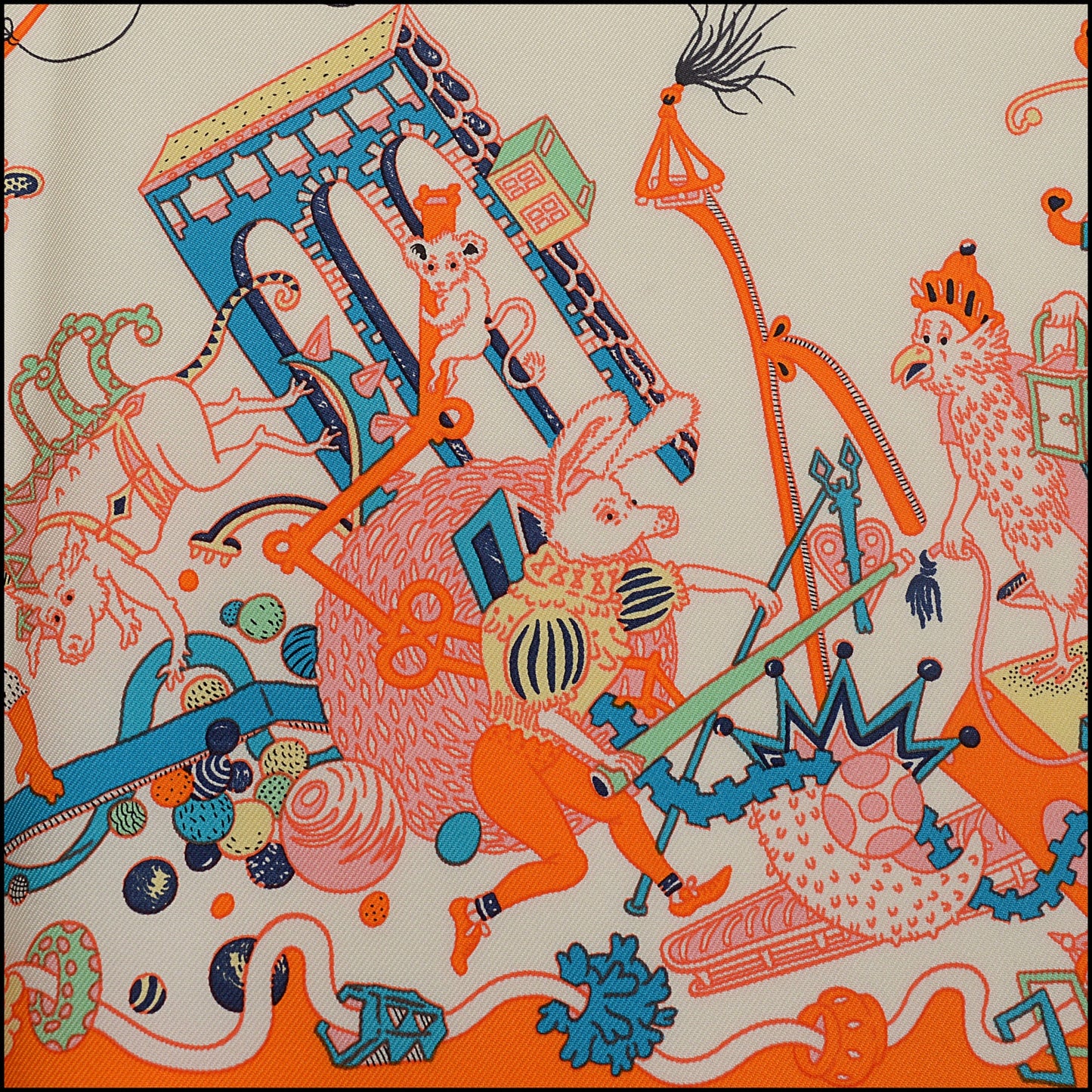 RDC15458 HERMES '20 Orange/White "La Folle Parade" Silk Scarf 90cm