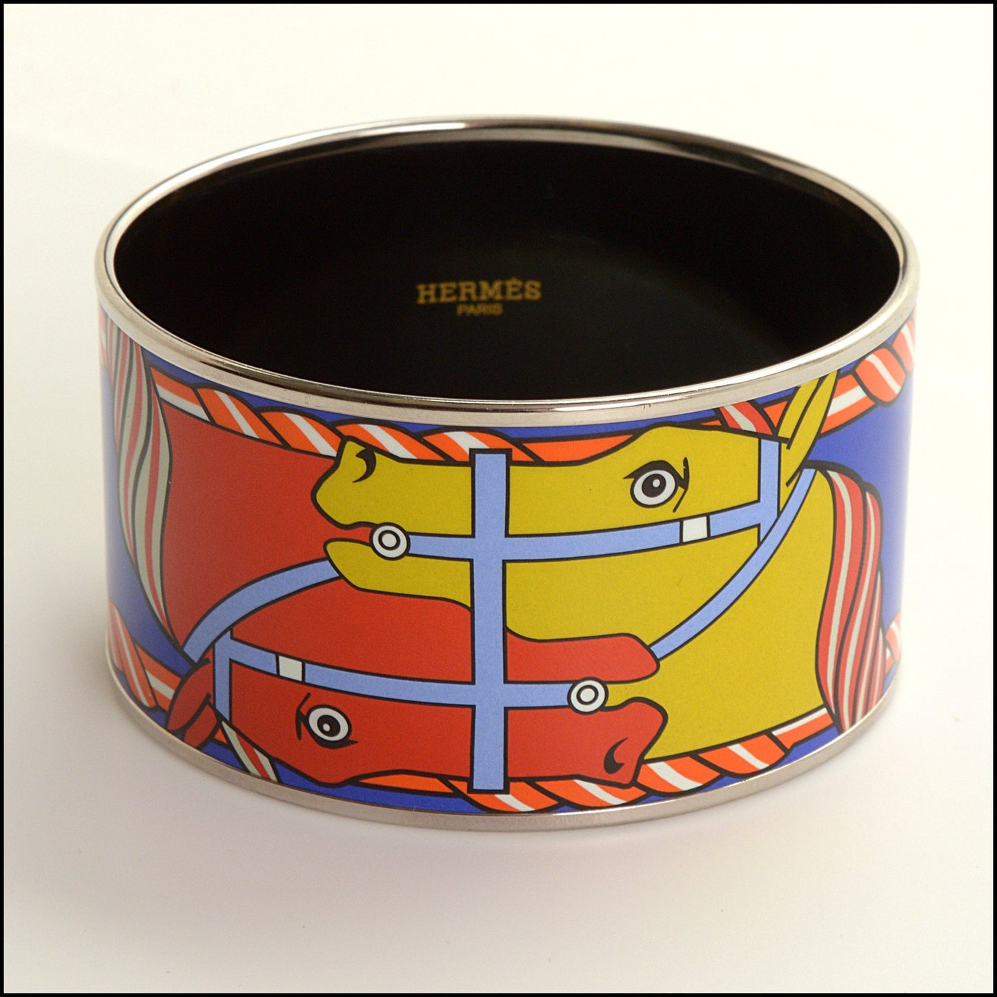 RDC15436 HERMES Blue Quadridge Printed Enamel Extra Wide Bangle Size M T3