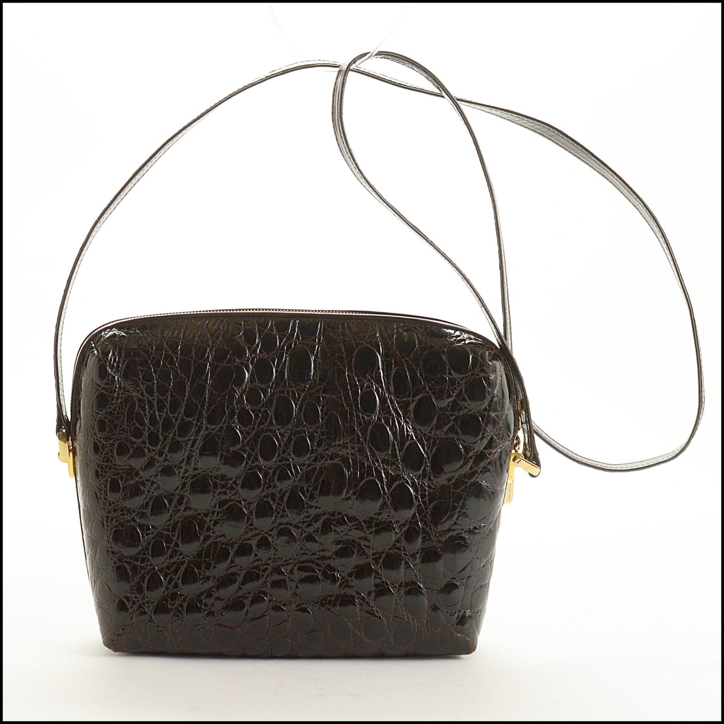 RDC15380 FERRAGAMO Dark Brown Crocodile Embossed Shoulder Bag
