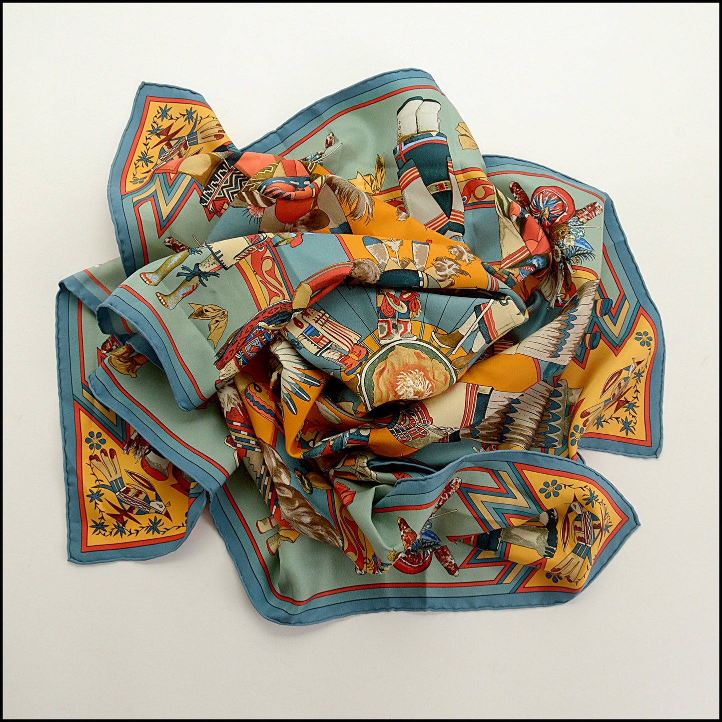 RDC15454 HERMES Blue/Gold Kachinas Silk Scarf 90cm Kermit Oliver