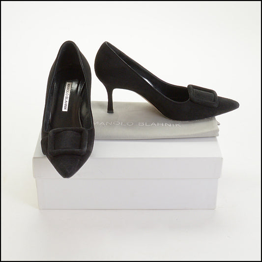 RDC14776 MANOLO BLAHNIK Black Suede Buckle Pump 37.5