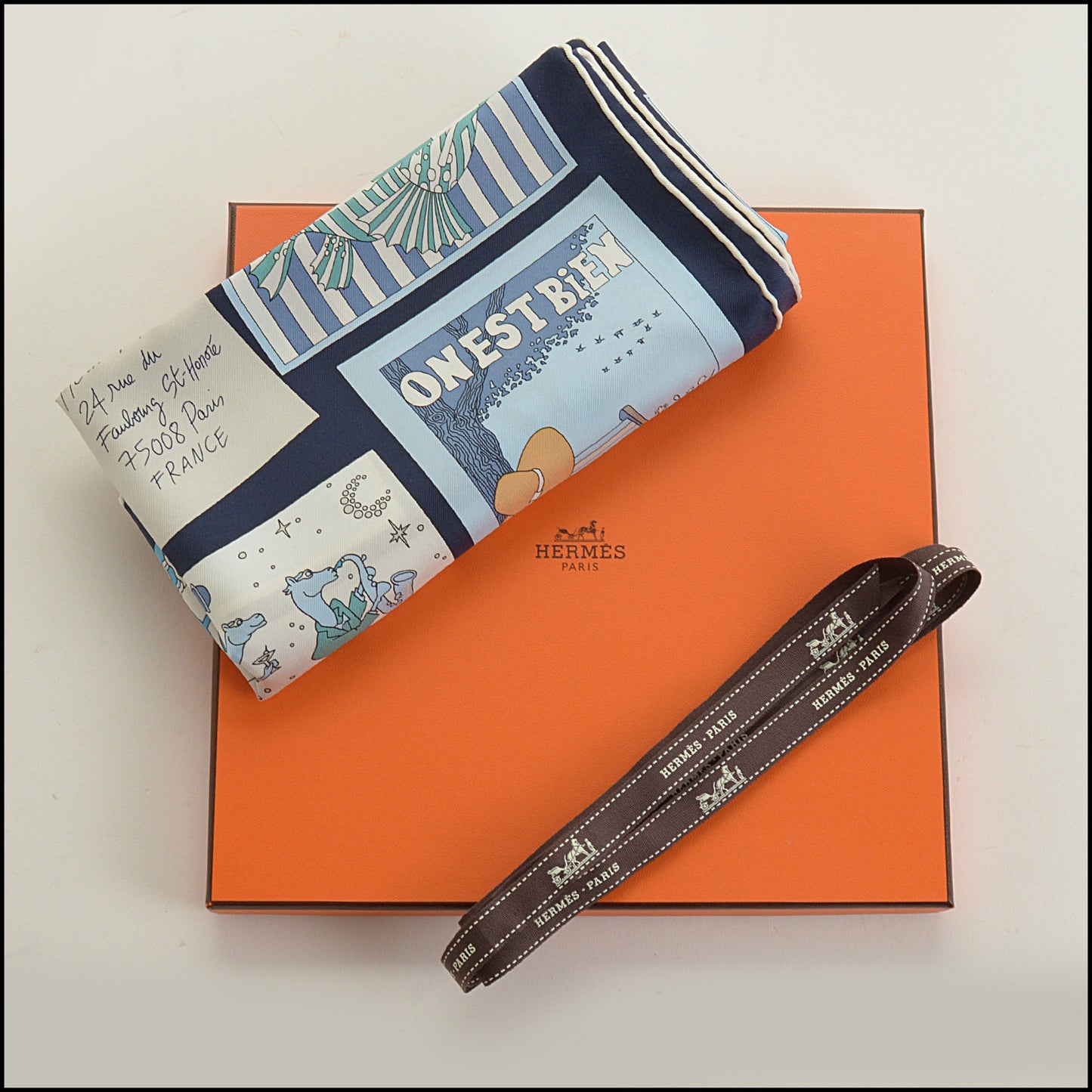 RDC15608 HERMES Blue / Multi "Favoris des Lieux" 90 Silk Scarf
