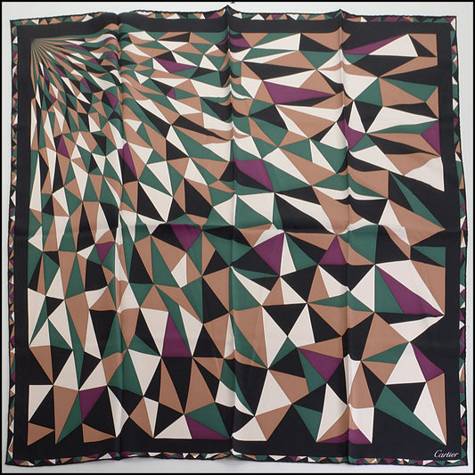 RDC14250 Authentic CARTIER Black/Green/Purple/Tan Triangles 90cm Silk Scarf