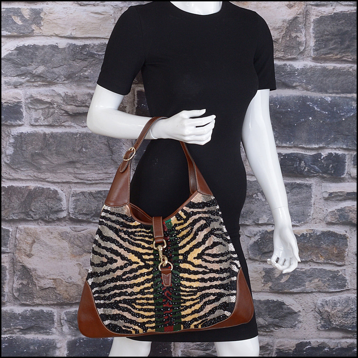 RDC15670 GUCCI Brown Leather Beaded Zebra Web Bag