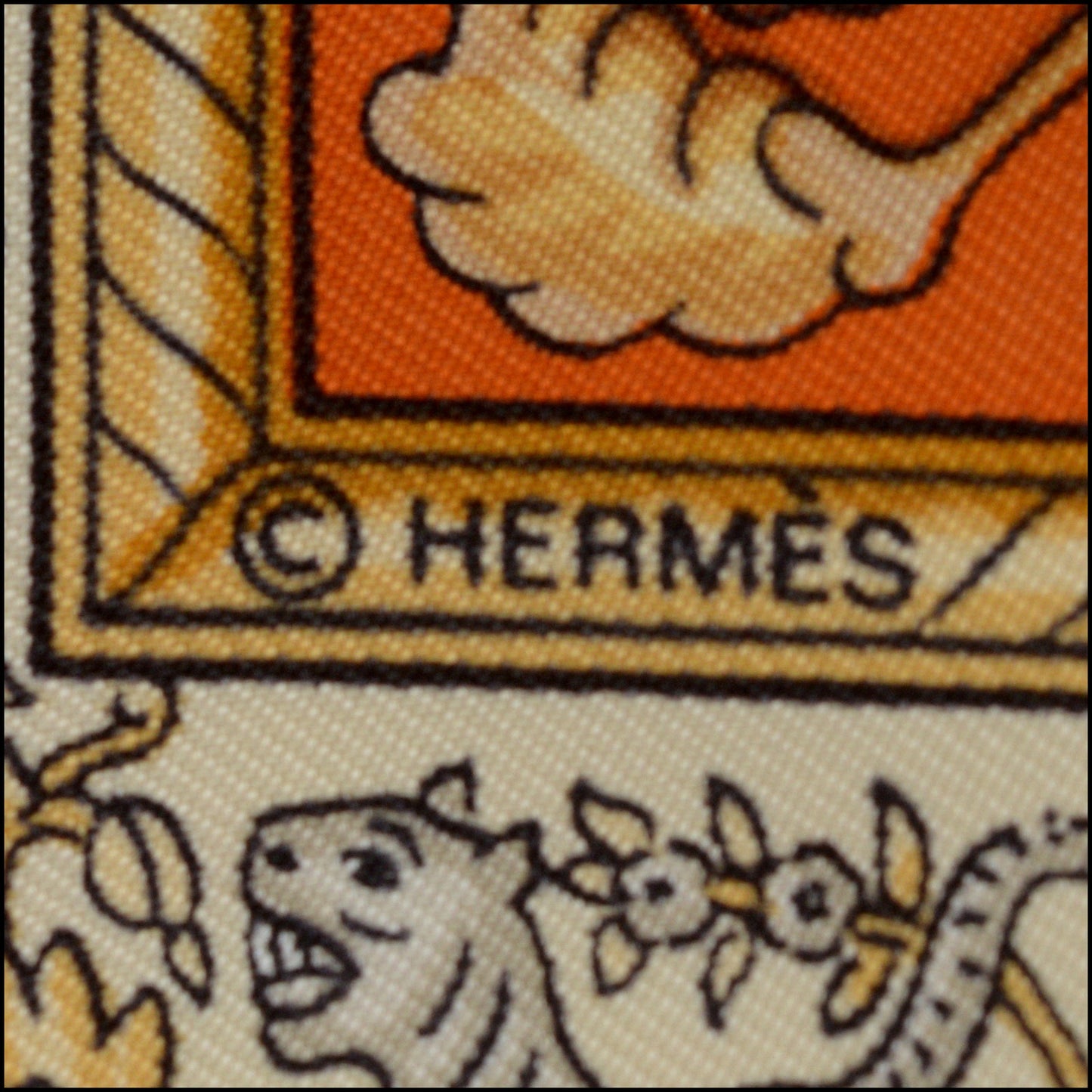 RDC14393 Authentic HERMES Orange/Gold/Silver Chasse en Inde 90cm Silk Scarf