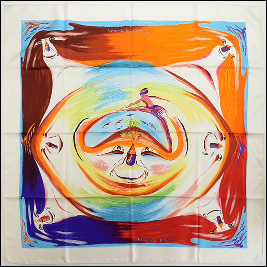 RDC14794 HERMES White "Smiles in Third Millenary" Silk Scarf 90 cm