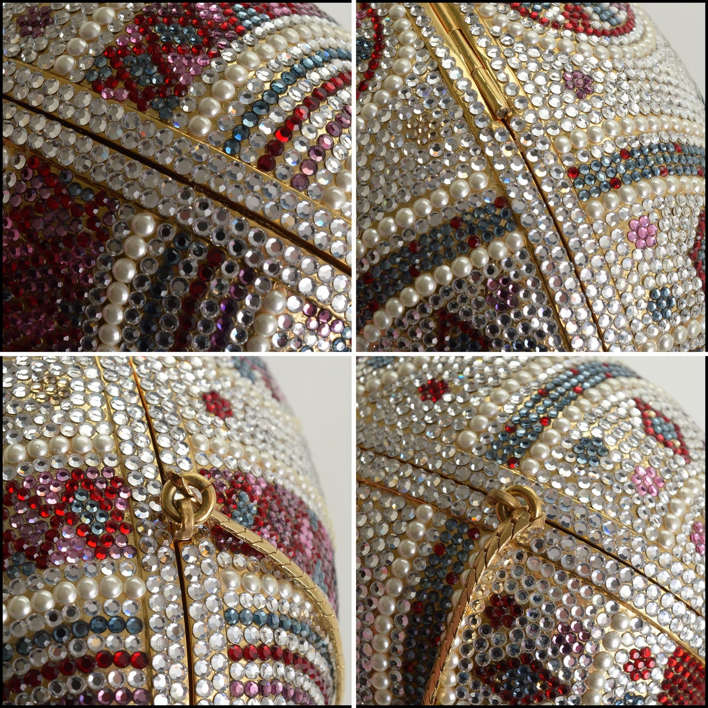 RDC14971 JUDITH LEIBER Mosaic Decorated Egg Crystal & Pearl Minaudiere Bag