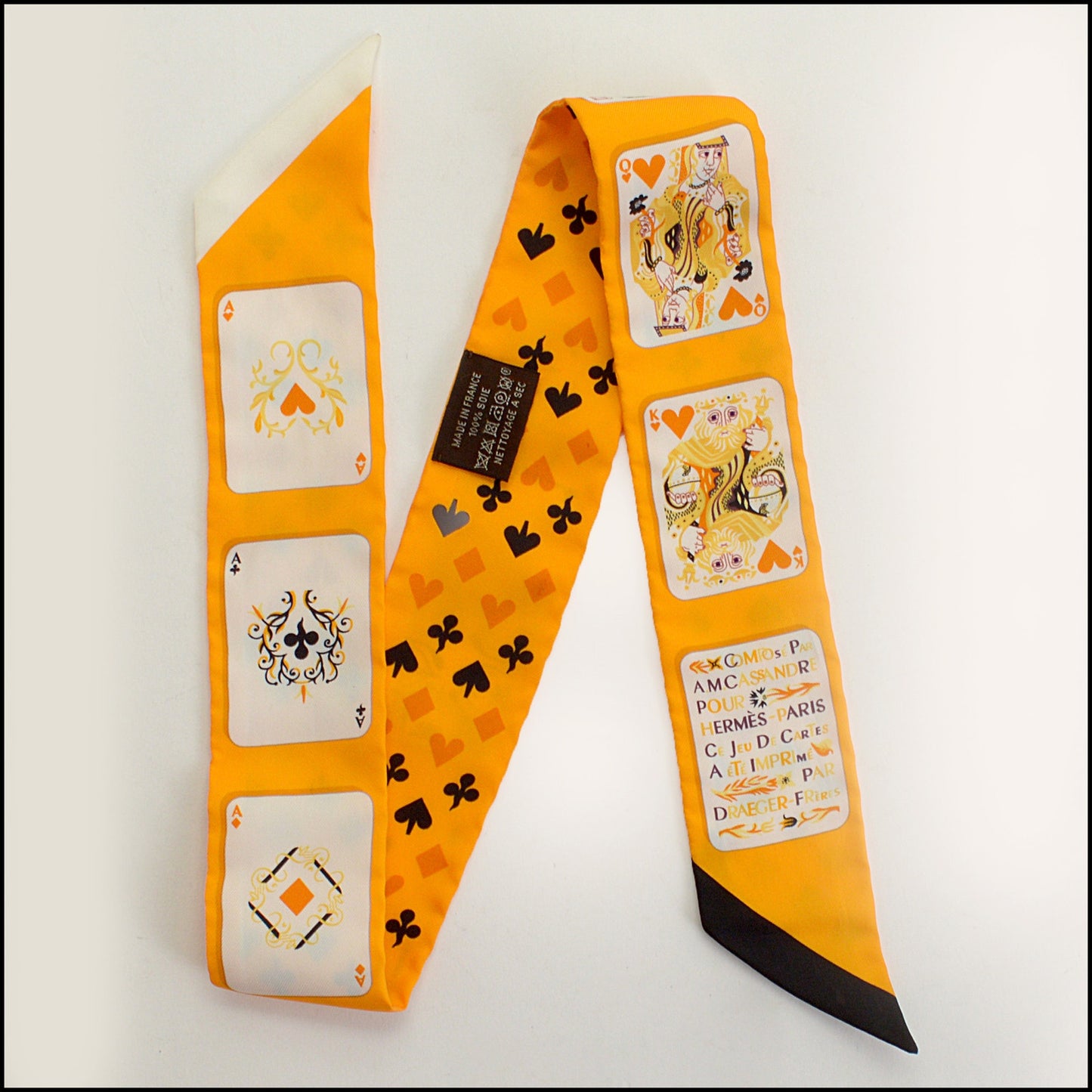 RDC14887 HERMES Jaune/Black/White "Jeu de Cartes" Silk Twilly Small Scarf