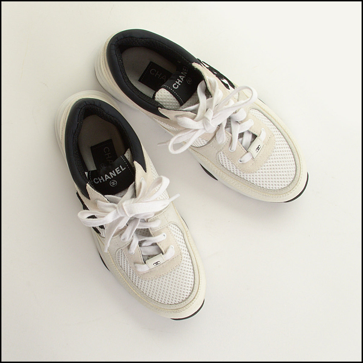 RDC15672 CHANEL Black CC White Mesh/Leather/Light Gray Suede Sneakers Size 38