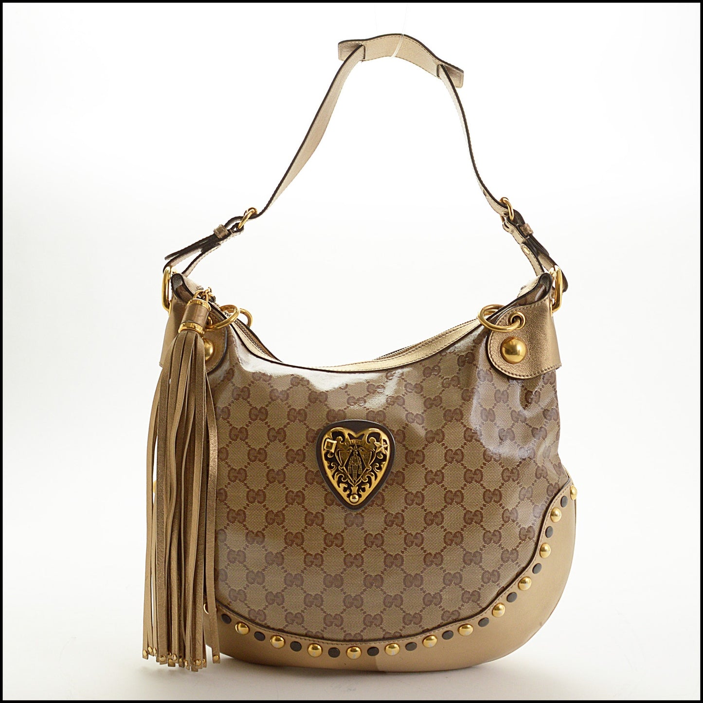 RDC15032 GUCCI '09 Gold Leather GG Crystal Babouska Heart Crest Hobo Bag