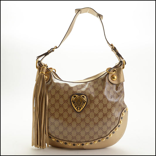 RDC15032 GUCCI '09 Gold Leather GG Crystal Babouska Heart Crest Hobo Bag