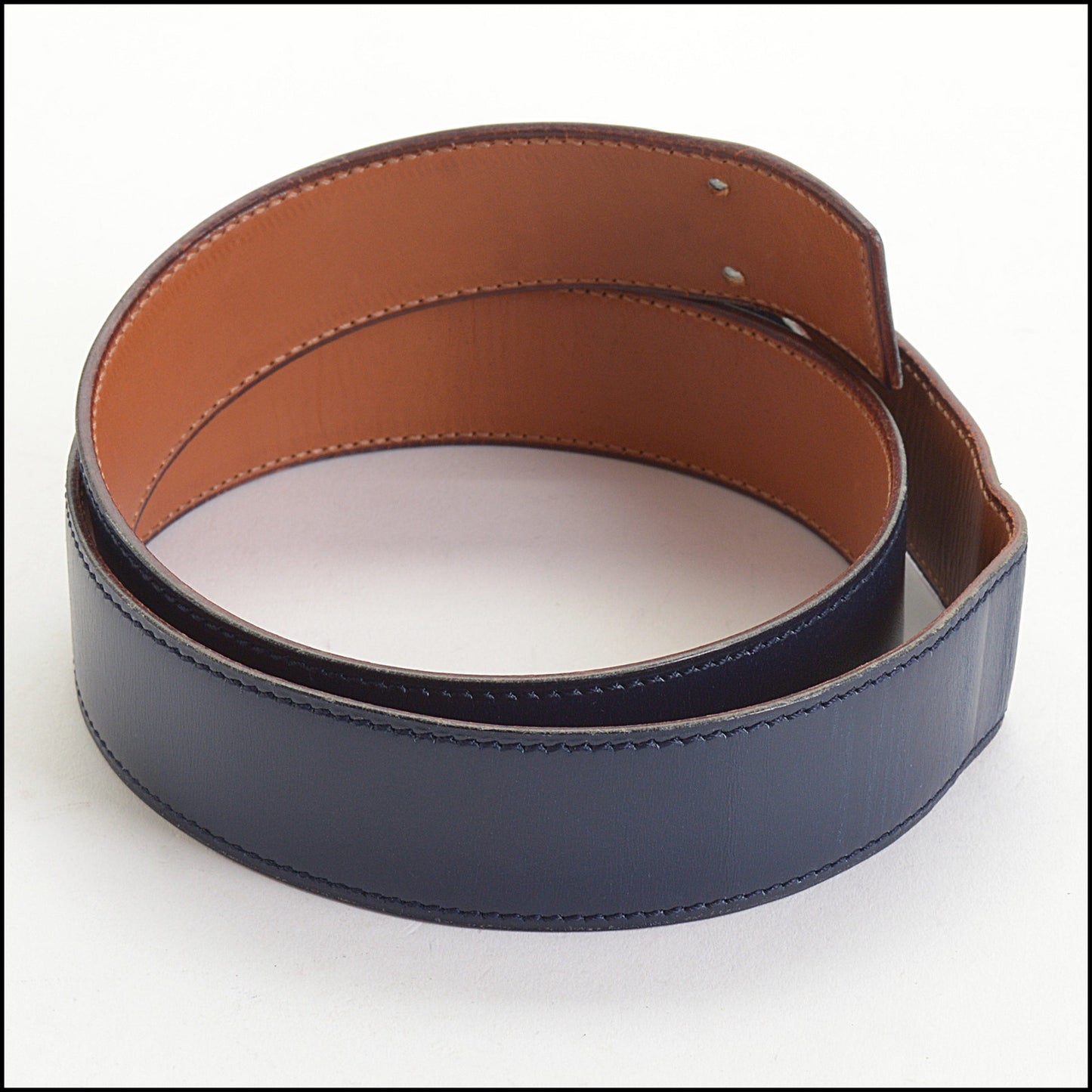 RDC14929 HERMES Dark Blue Box Leather Double Prong Gold H Buckle Constance Belt Size S 80/32