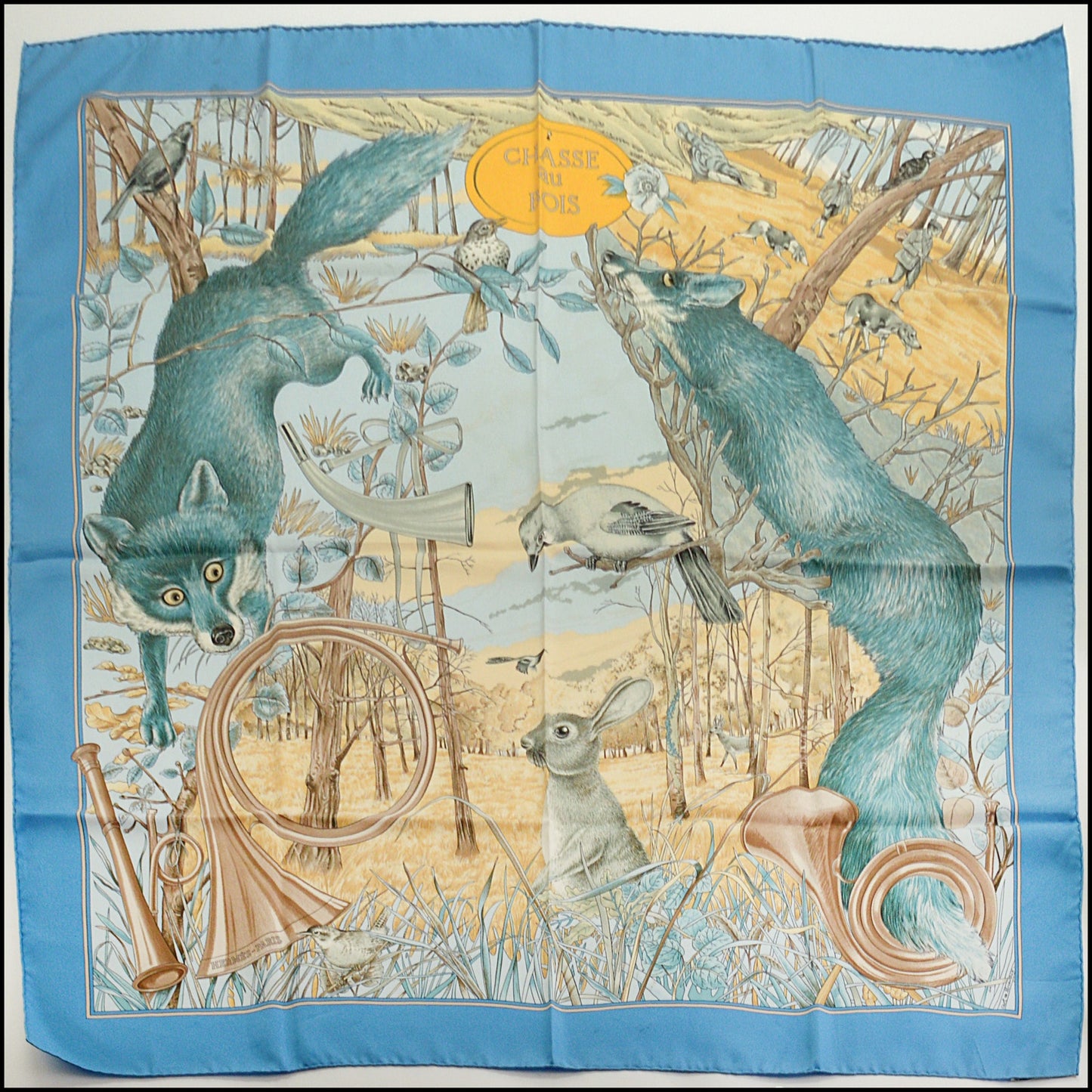RDC15232 HERMES Blue Chasse au Bois Silk Scarf 90cm