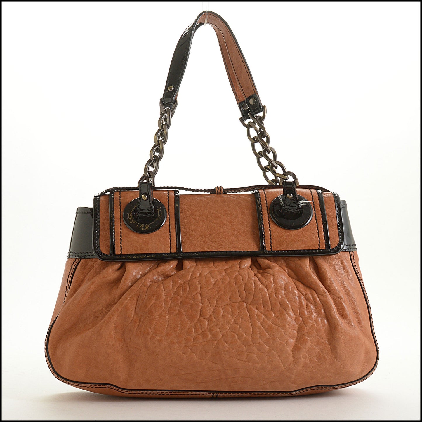 RDC15596 FENDI Black Patent / Saddle Brown Leather B-Bag Flap
