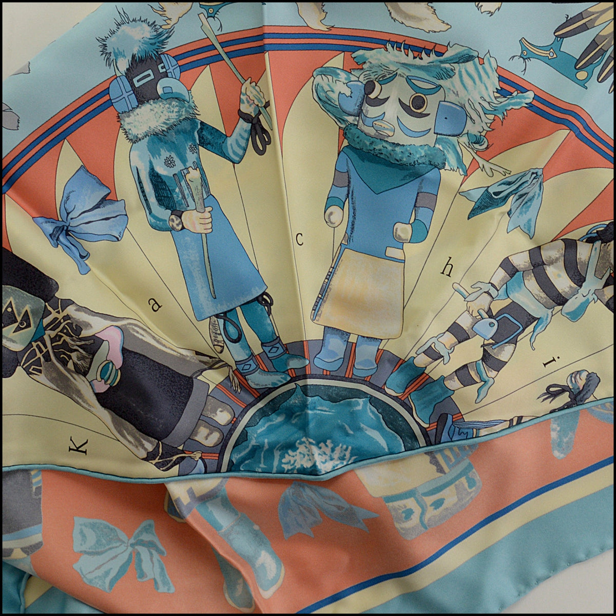 RDC15689 HERMES Blue/Coral "Kachinas'' Gaint Triangle Silk Scarf Kermit Oliver