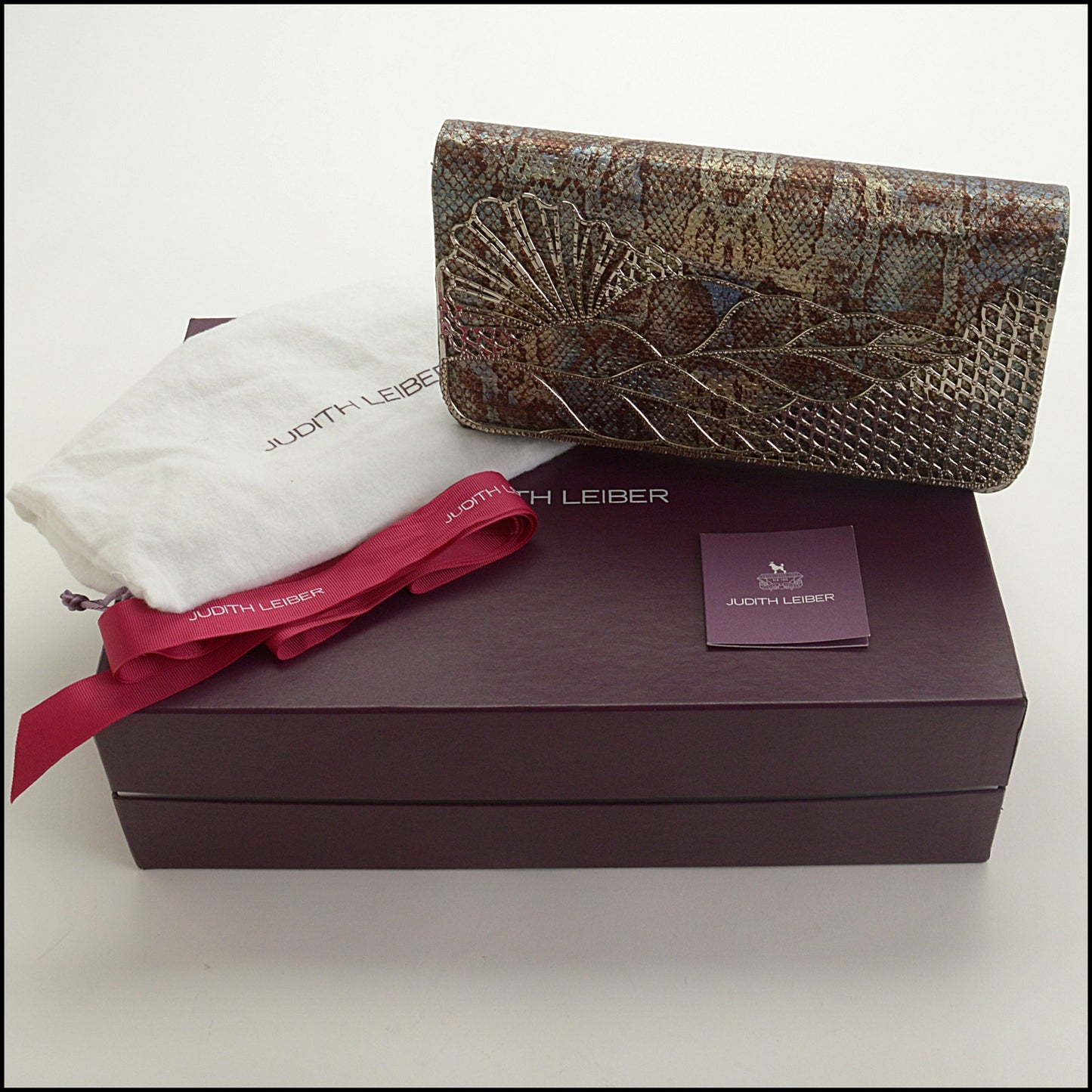 RDC15263 JUDITH LEIBER Multicolor Snake Print Fabric Crystal Leaf Flap Bag