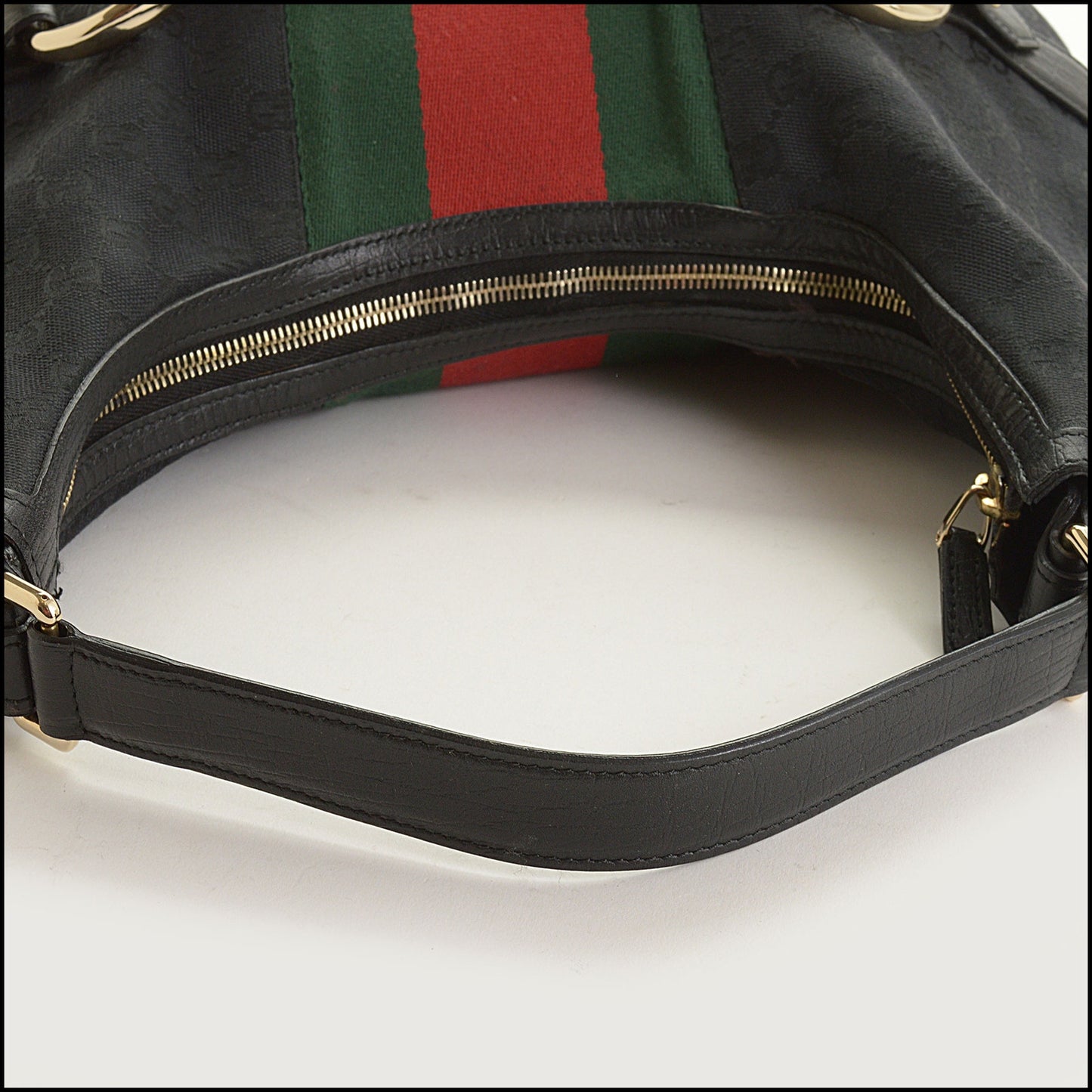 RDC15595 GUCCI Black GG Canvas Red/Gree Web Stripe Horsebit Hobo Bag