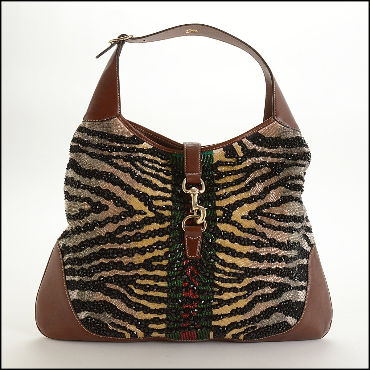 RDC15670 GUCCI Brown Leather Beaded Zebra Web Bag