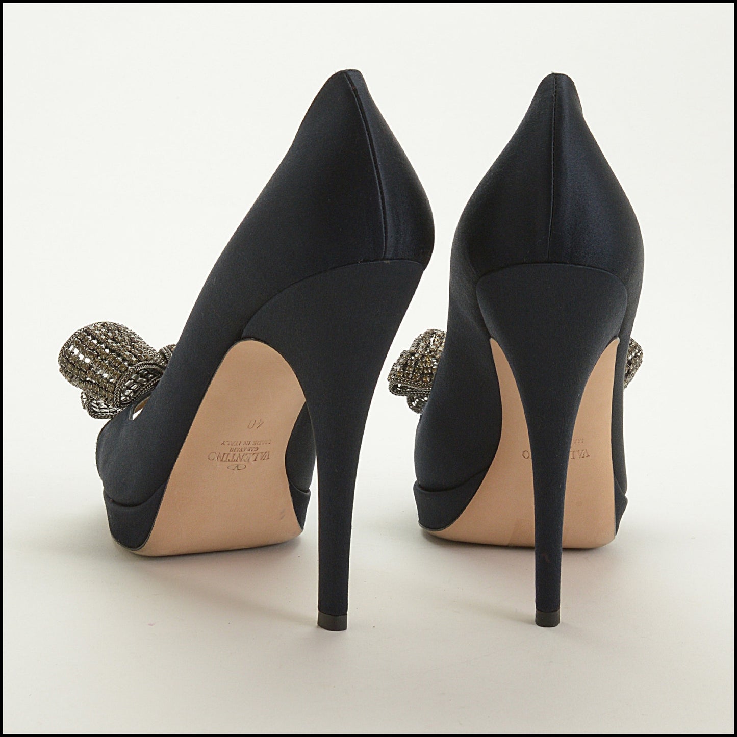 RDC15539 VALENTINO Black Satin Crystal Bow Peeptoe Pumps Size 40