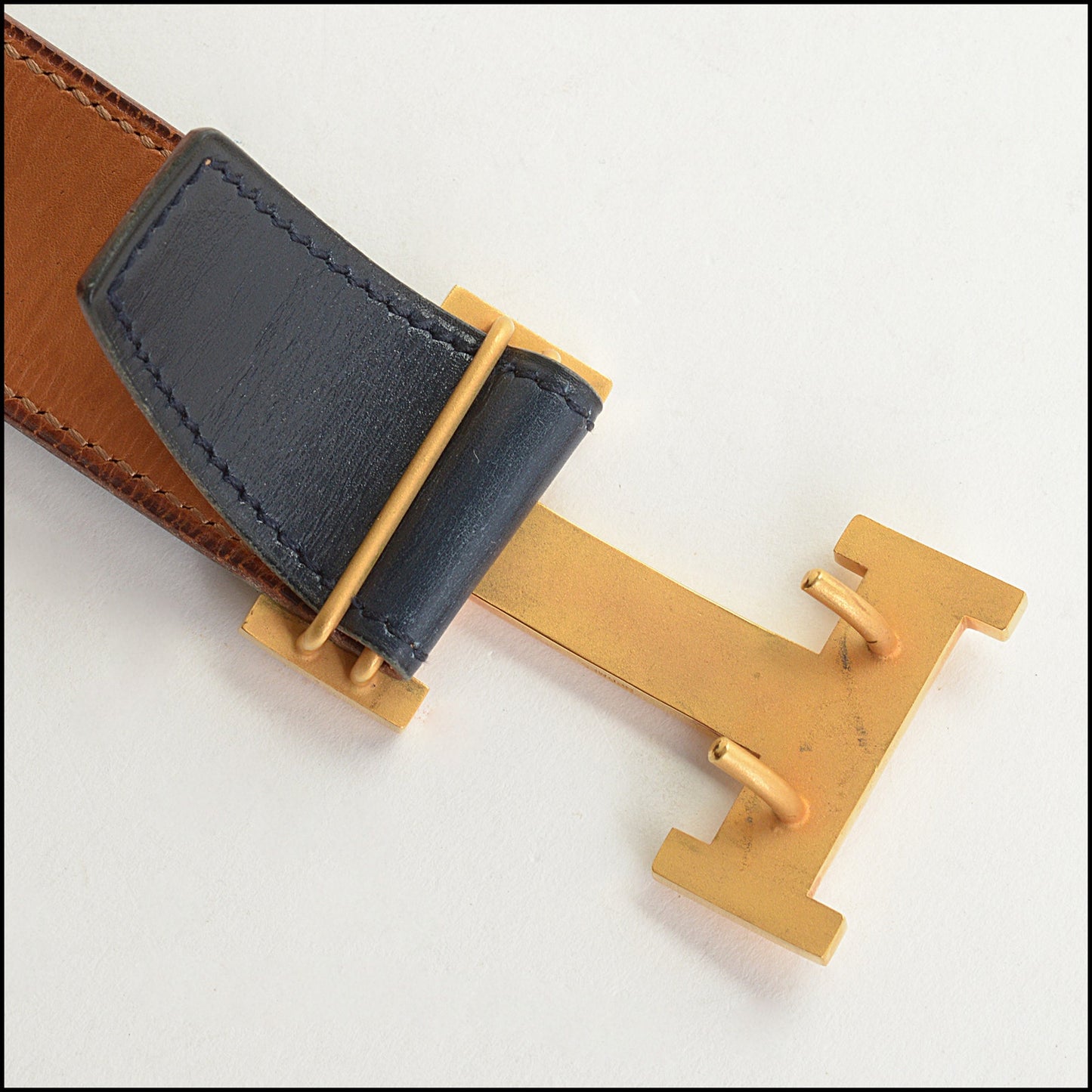 RDC14929 HERMES Dark Blue Box Leather Double Prong Gold H Buckle Constance Belt Size S 80/32