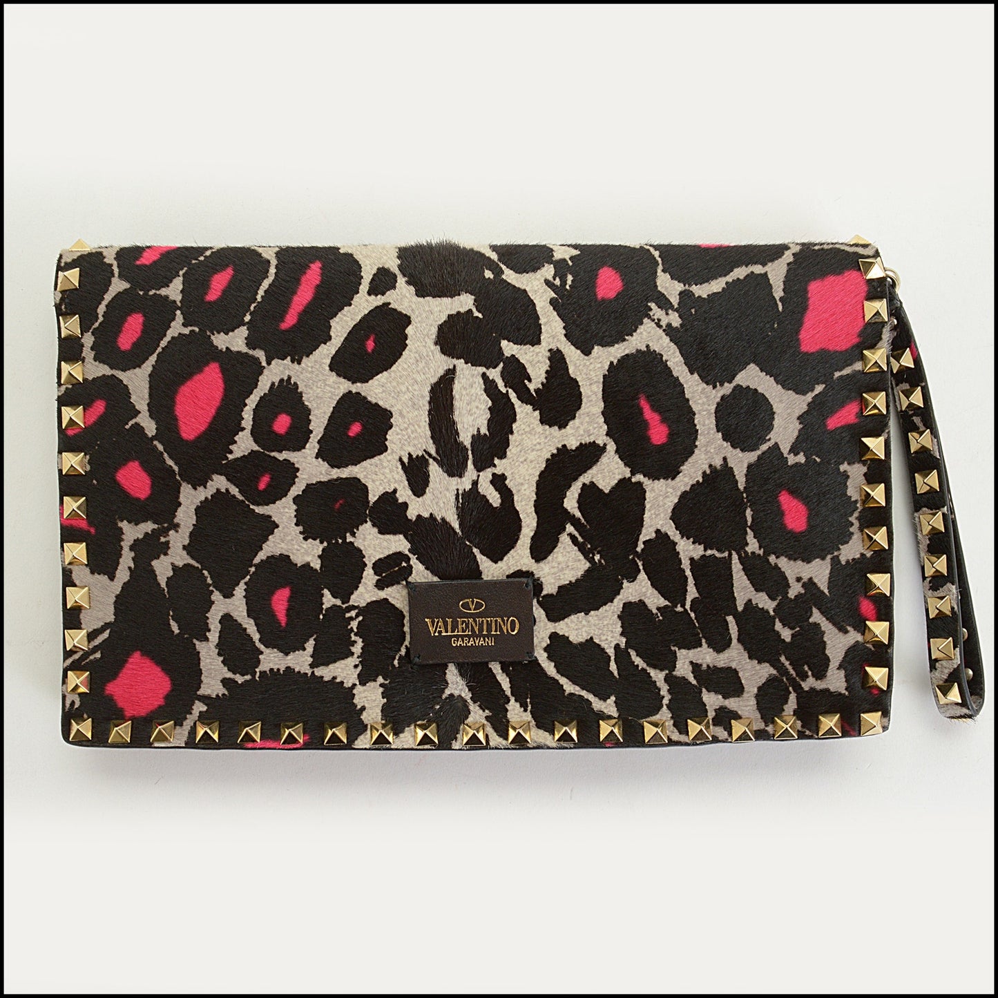 RDC14658 VALENTINO Leopard Print Pony Fur Rockstud Wrist Clutch