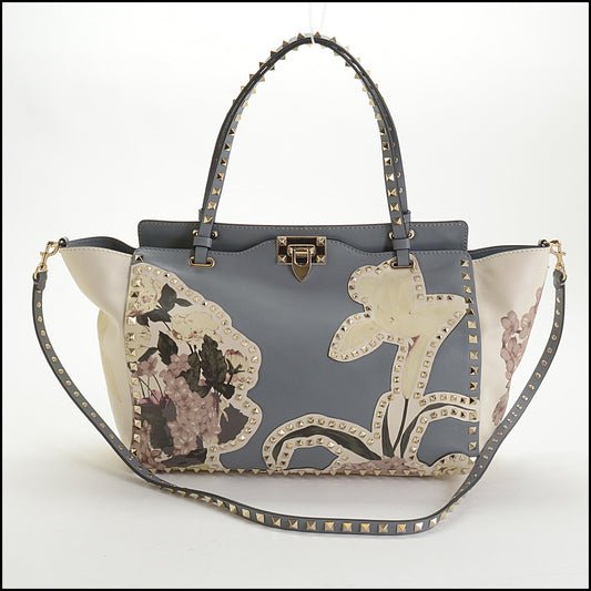 RDC14552 VALENTINO GARAVANI White & Blue Kimono Floral Rockstud Tote Bag