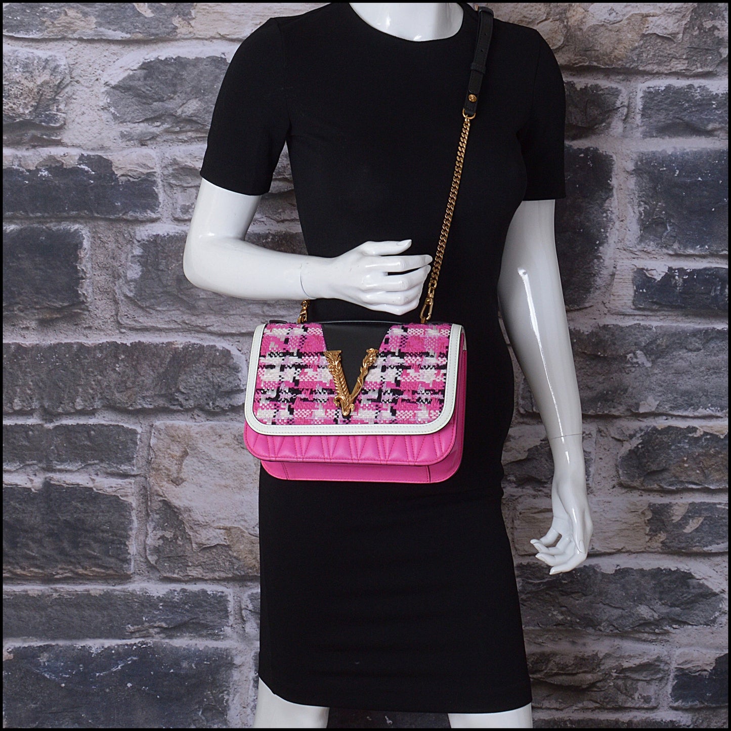 RDC14841 VERSACE Pink, White, Black Tweed Flap Bag