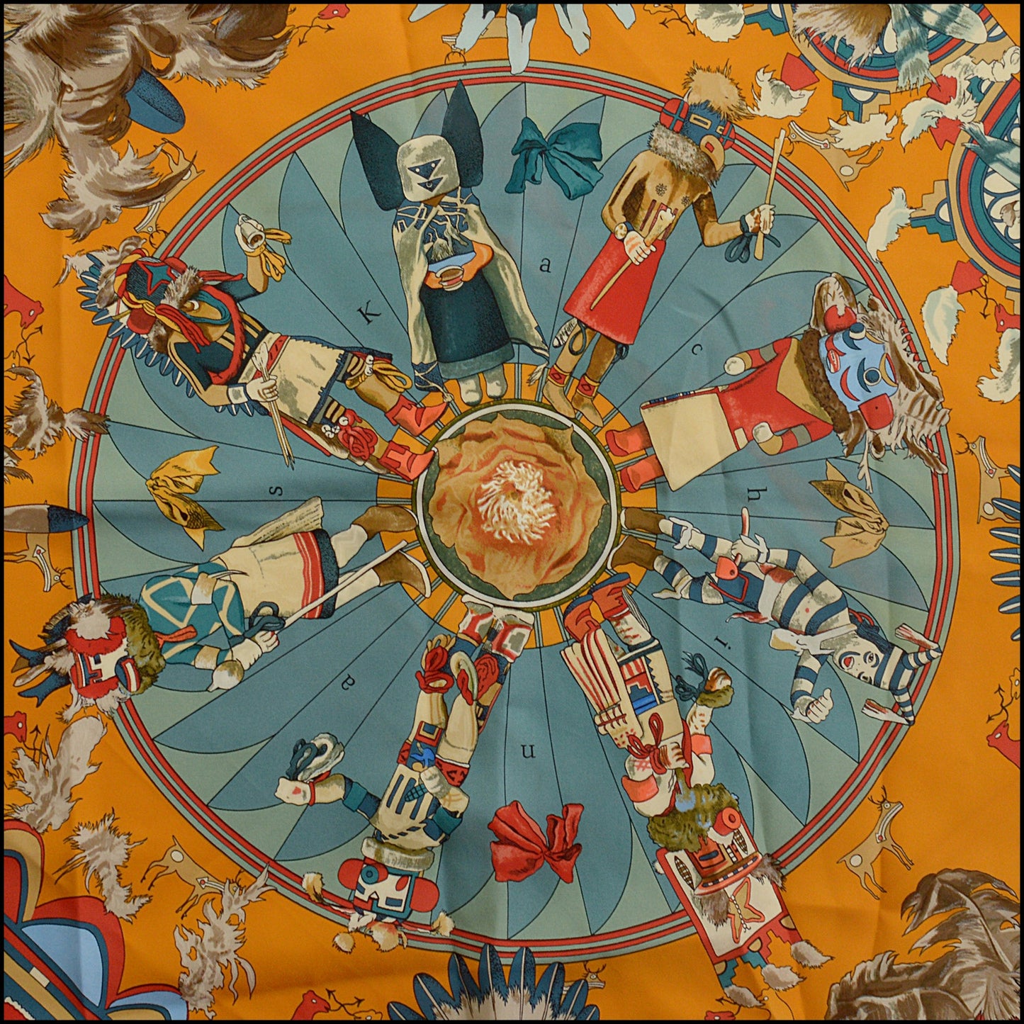 RDC15454 HERMES Blue/Gold Kachinas Silk Scarf 90cm Kermit Oliver