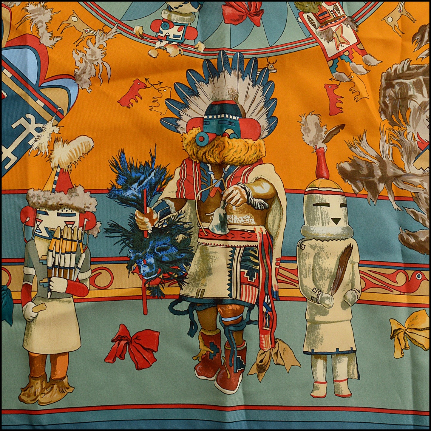 RDC15454 HERMES Blue/Gold Kachinas Silk Scarf 90cm Kermit Oliver