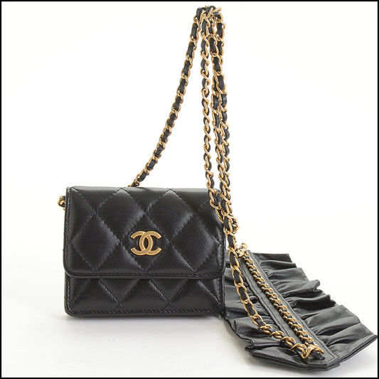 RDC14764 CHANEL '20 Black Lambskin Romance Ruffle Chain Card Wallet