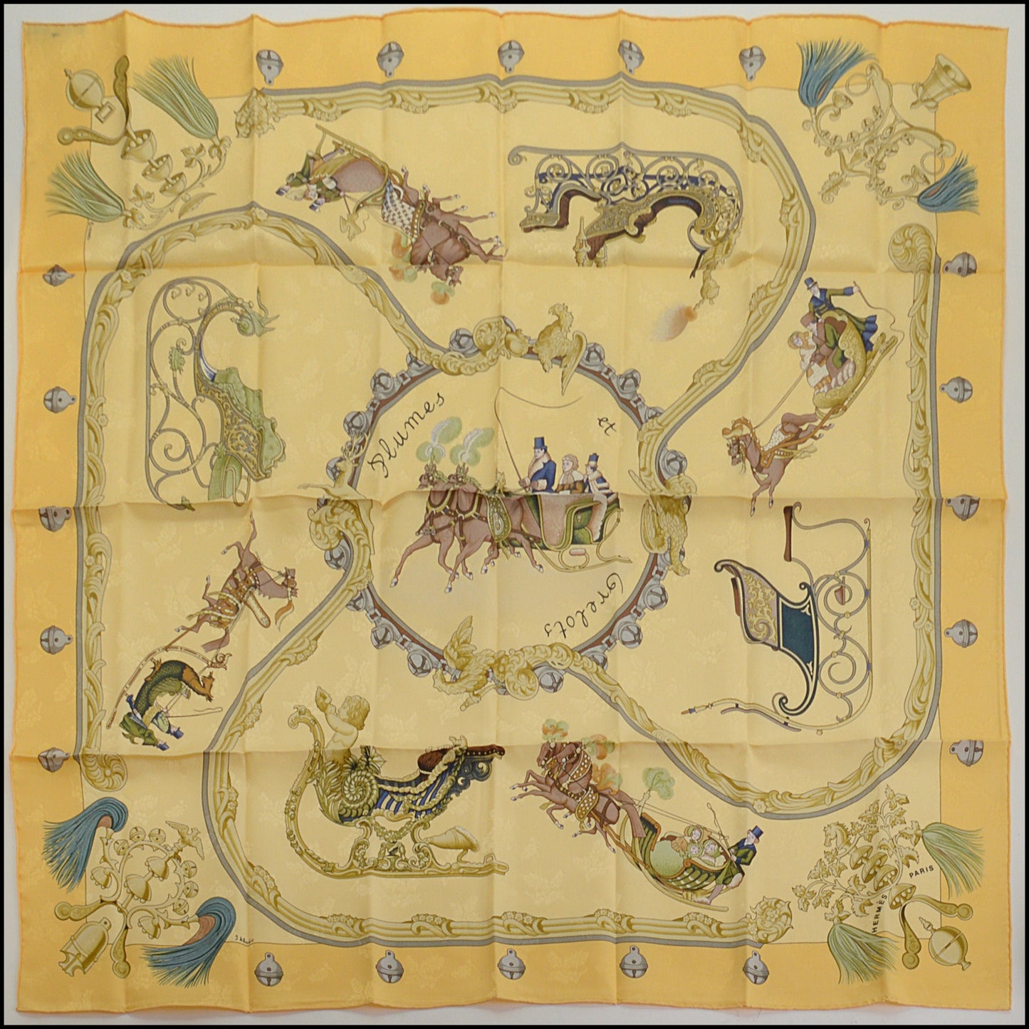RDC14534 HERMES Yellow Plumes Et Grelots 90cm Silk Scarf