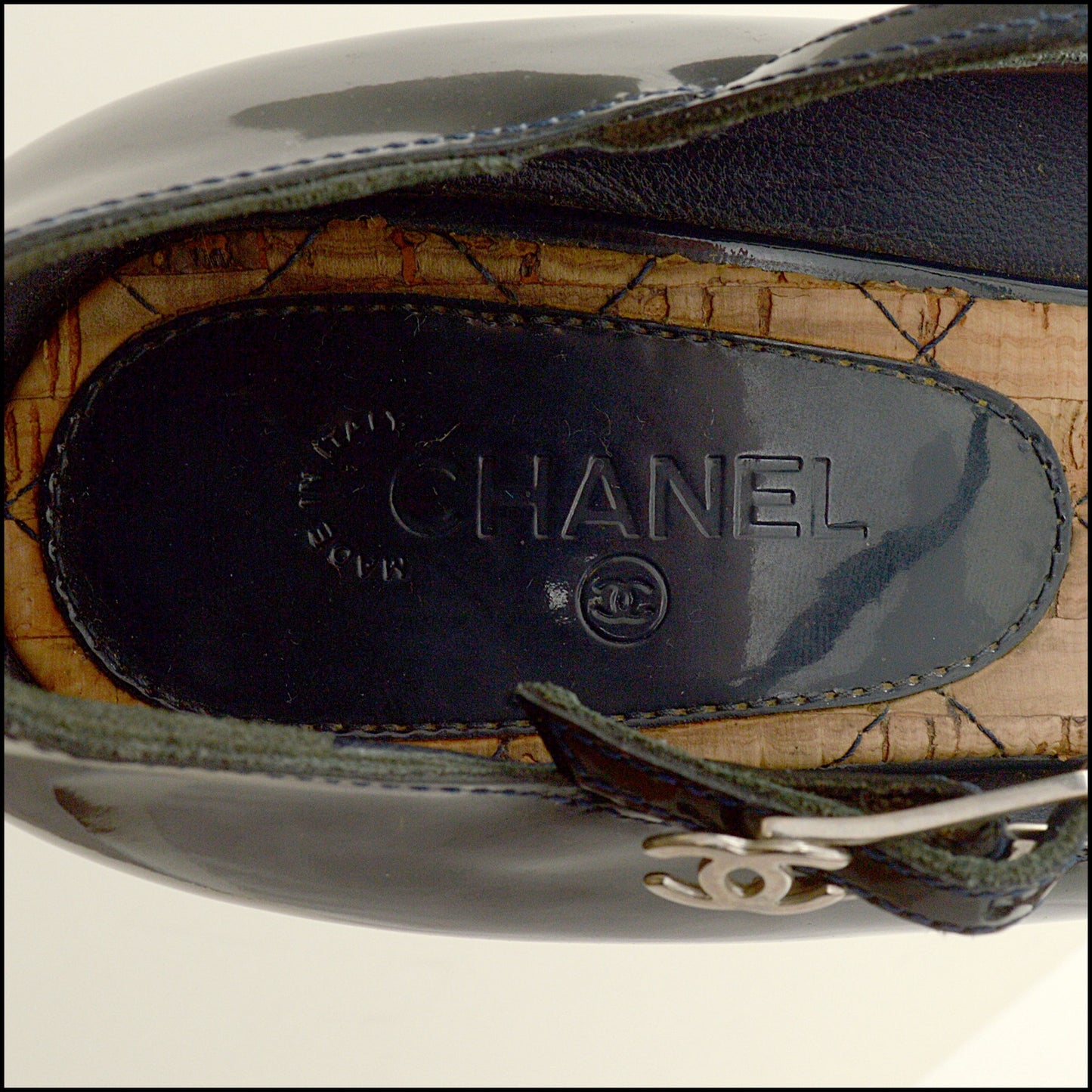 RDC15186 CHANEL Navy Patent Leather Quilted Cork Platforms Size 37.5