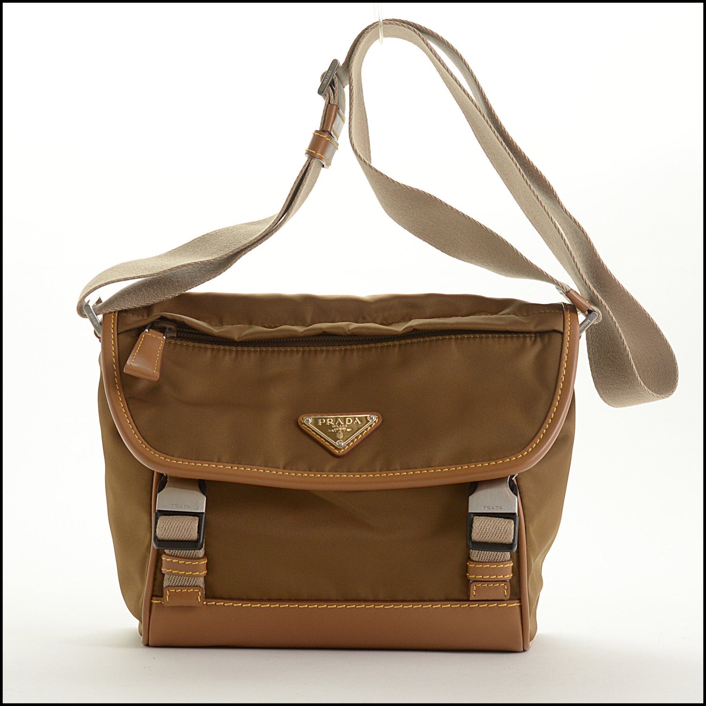 RDC15434 PRADA Brown Re-Nylon Leather Trimmed Triangle Messenger Bag