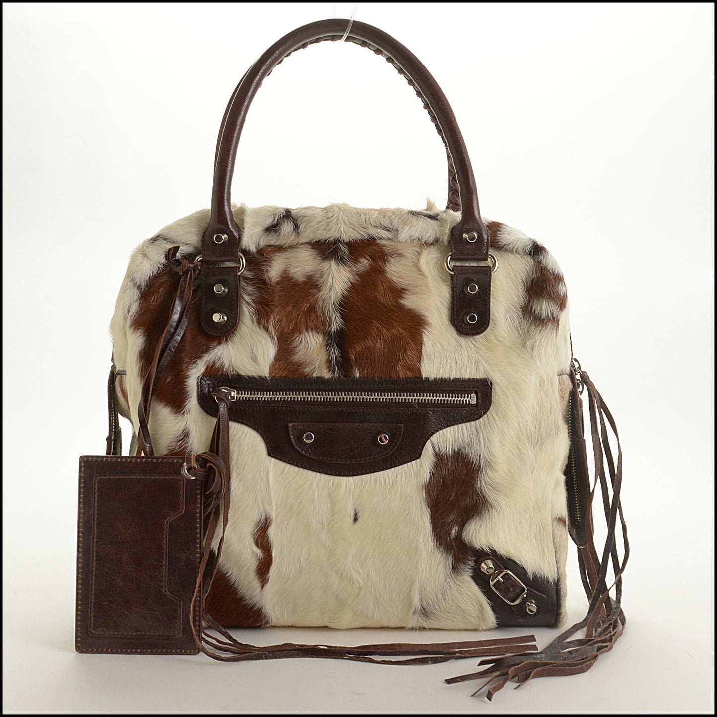 RDC15346 BALENCIAGA '06 Marron Dark Brown Whole Goat Chevre Leather and Fur Bowling Handbag