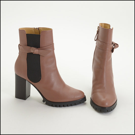 RDC14940 ALEXANDRE BIRMAN Brown Leather Clarita Bow Lug-Sole Boots Size 37.5