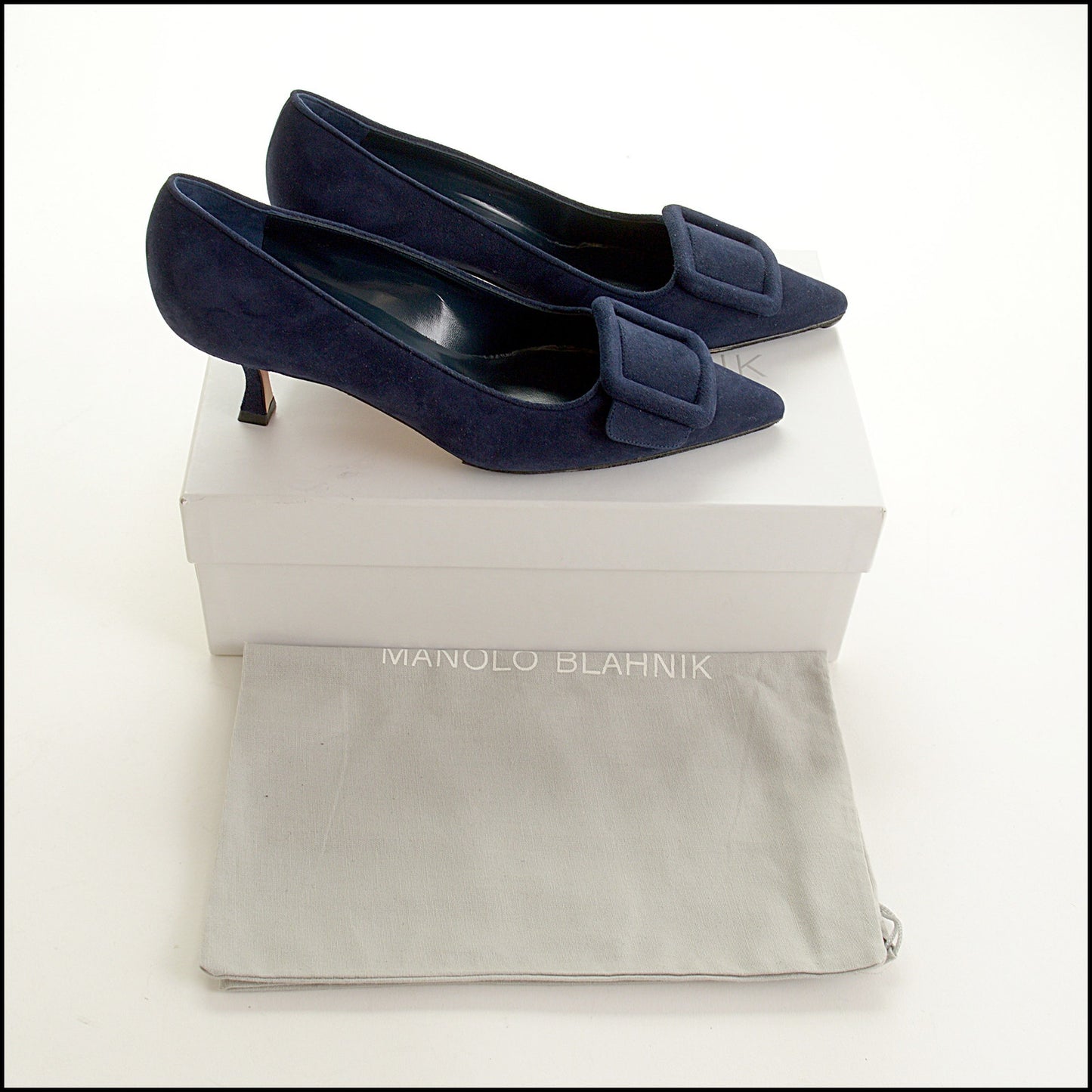 RDC15529 MANOLO BLAHNIK Navy Blue Suede Maysale Buckle 50mm Heel Pumps Size 38.5