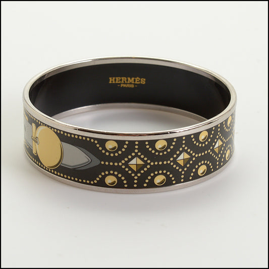 RDC14757 HERMES Black & Palladium Wide Enamel Medor Buckle Bangle Size XS