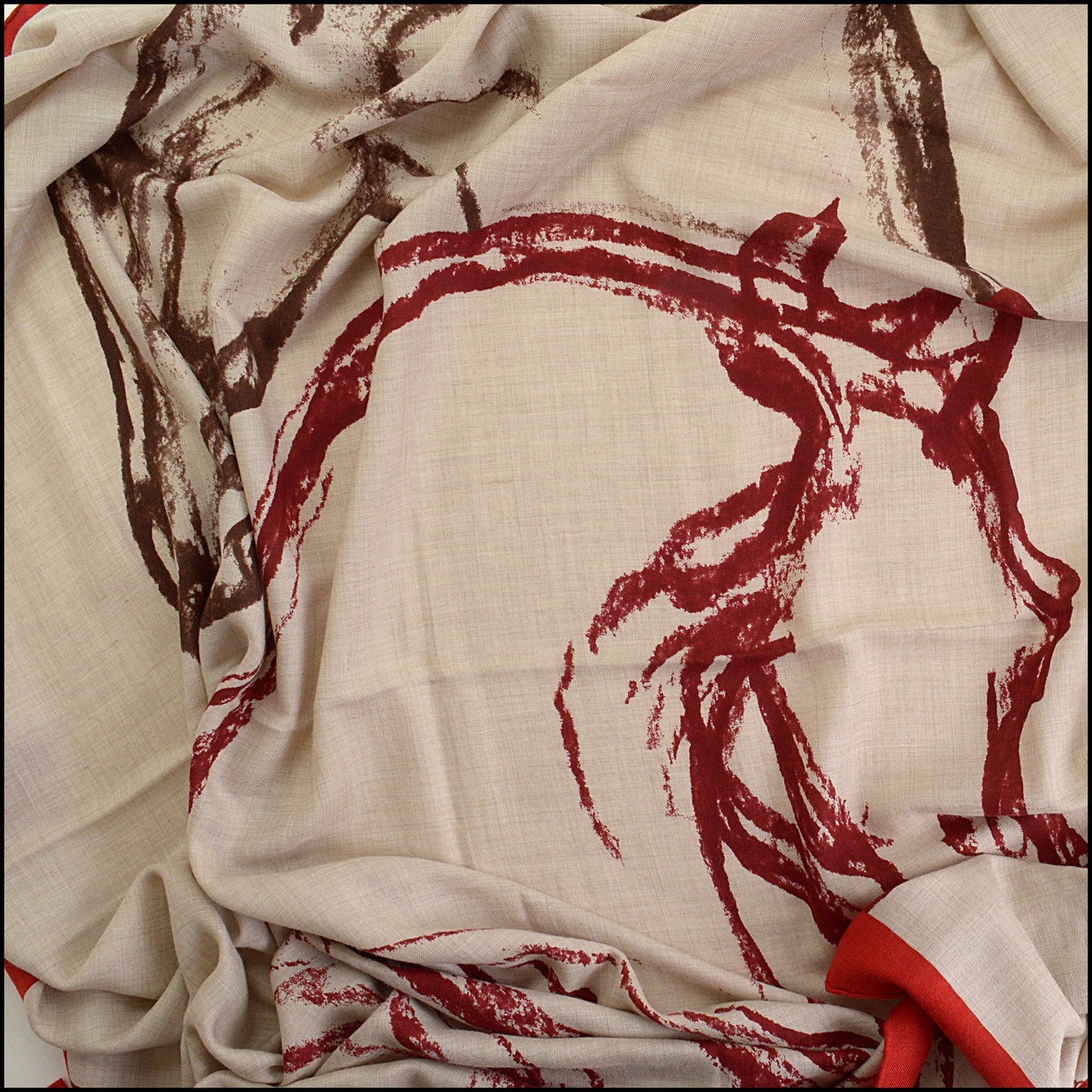 RDC14924 HERMES Natural/Red Cashmere Silk "Chevaux Au Pre" 140 Shawl/Large Scarf