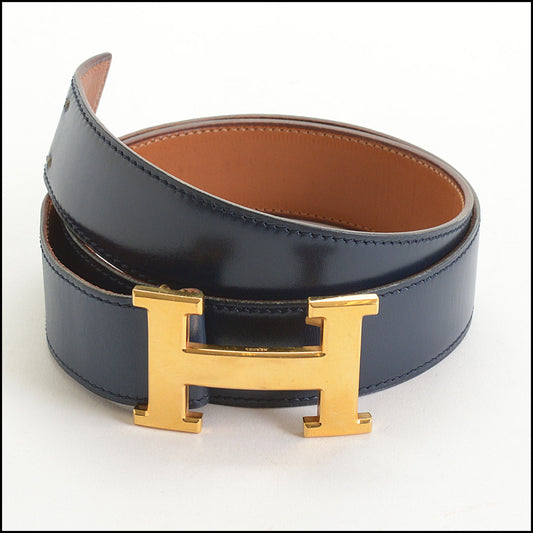 RDC14929 HERMES Dark Blue Box Leather Double Prong Gold H Buckle Constance Belt Size S 80/32
