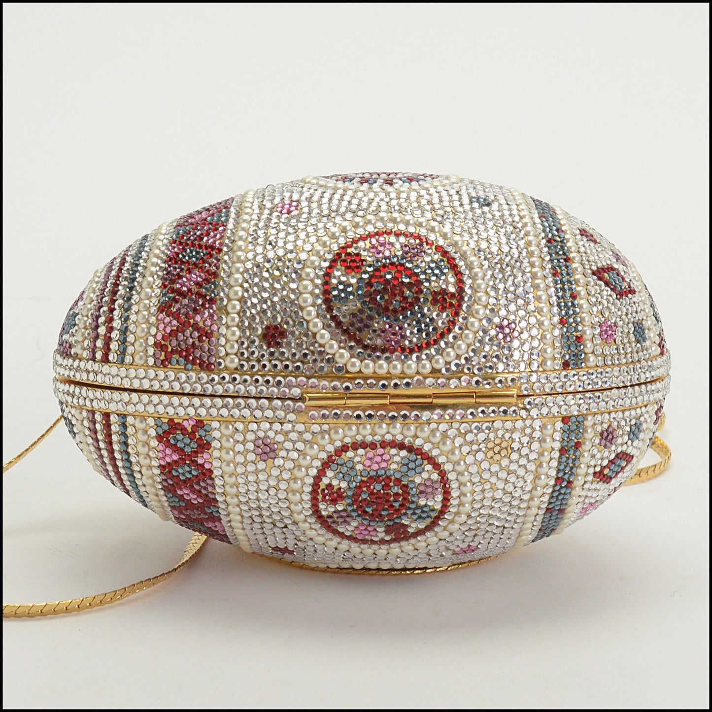RDC14971 JUDITH LEIBER Mosaic Decorated Egg Crystal & Pearl Minaudiere Bag