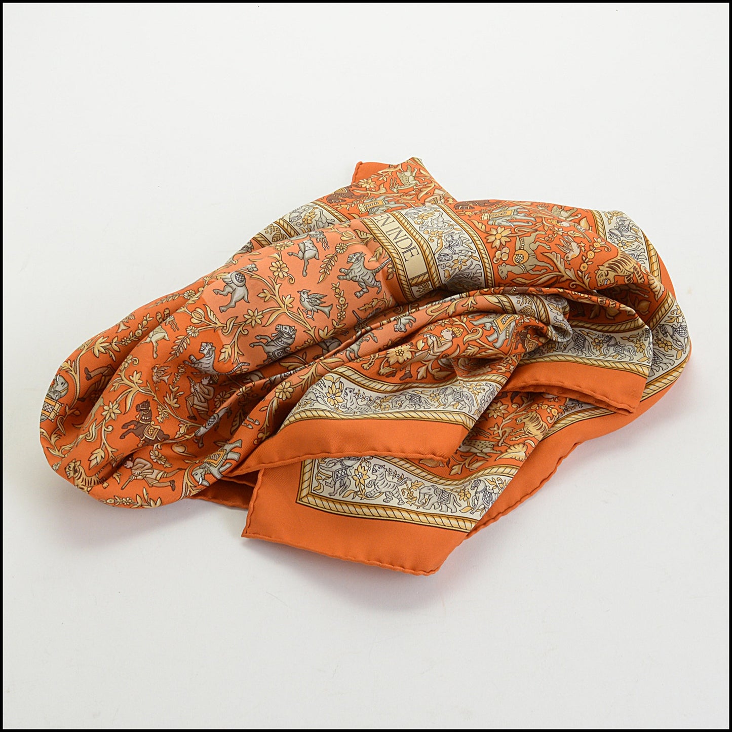 RDC14393 Authentic HERMES Orange/Gold/Silver Chasse en Inde 90cm Silk Scarf