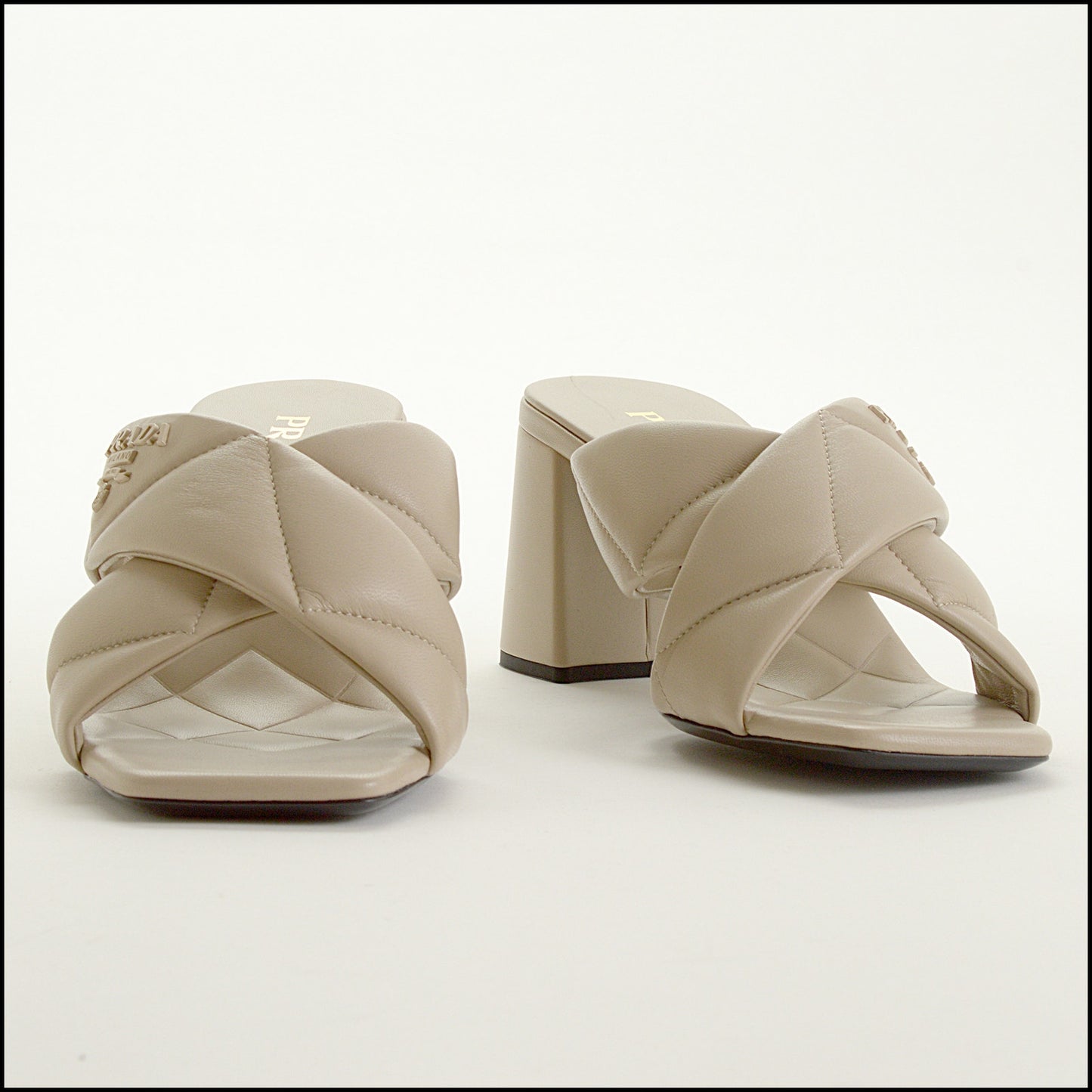 RDC15431 PRADA Taupe Quilted Criss-Cross Sandals with Block Heel Size 39.5
