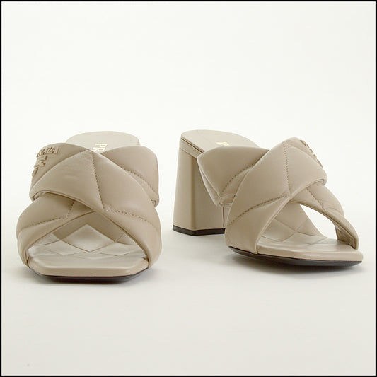 RDC15431 PRADA Taupe Quilted Criss-Cross Sandals with Block Heel Size 39.5