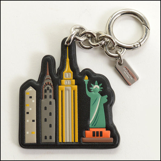 RDC15083 COACH Black Leather Multicolor NYC Skyline Keychain Charm