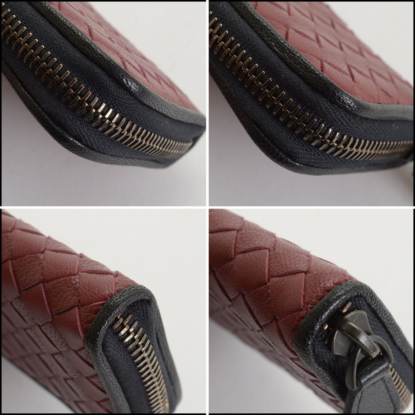 RDC14742 BOTTEGA VENETA Burgundy/Noir Trim Intrecciato Zipped Card Case Wallet