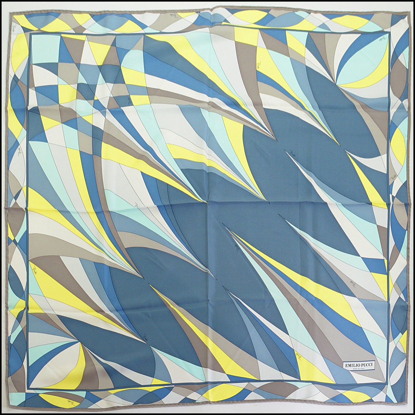 RDC14294 Authentic EMILIO PUCCI Gray/Teal/Taupe Curves 90cm Square Silk Scarf