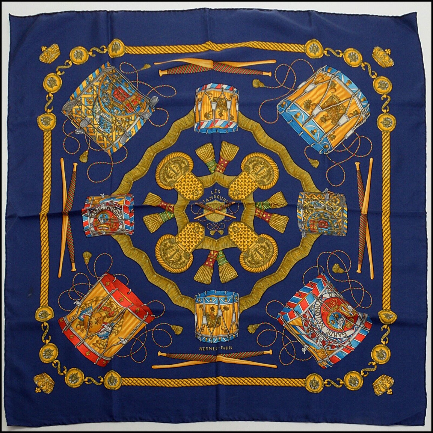 RDC13803 Authentic HERMES Vintage Navy & Gold Les Tambours 90cm Silk Scarf