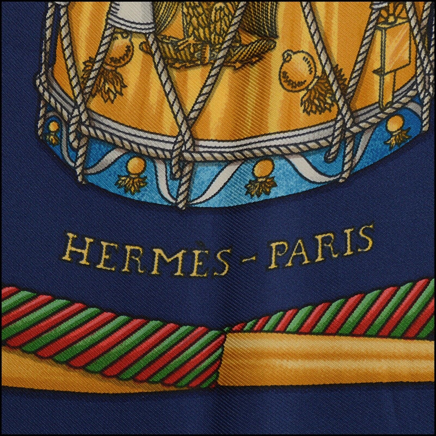 RDC13803 Authentic HERMES Vintage Navy & Gold Les Tambours 90cm Silk Scarf
