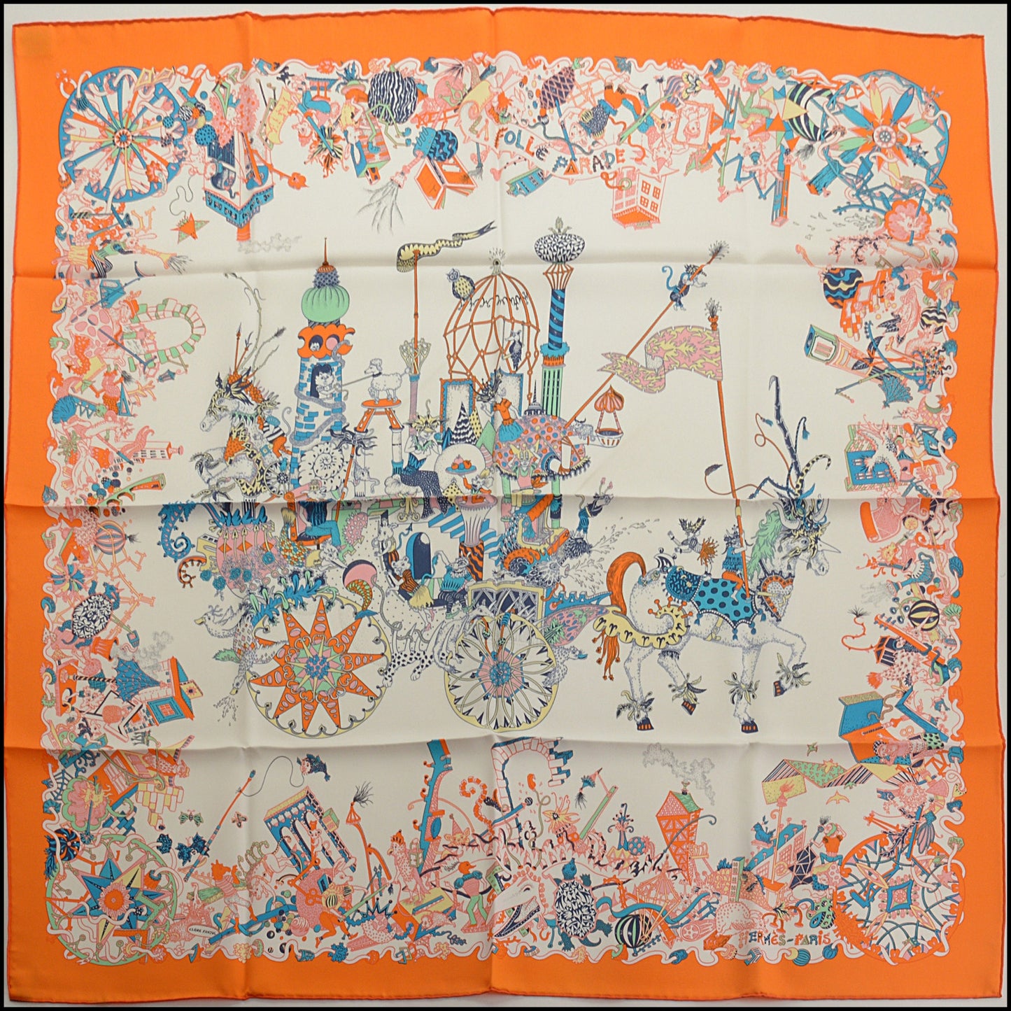 RDC15458 HERMES '20 Orange/White "La Folle Parade" Silk Scarf 90cm